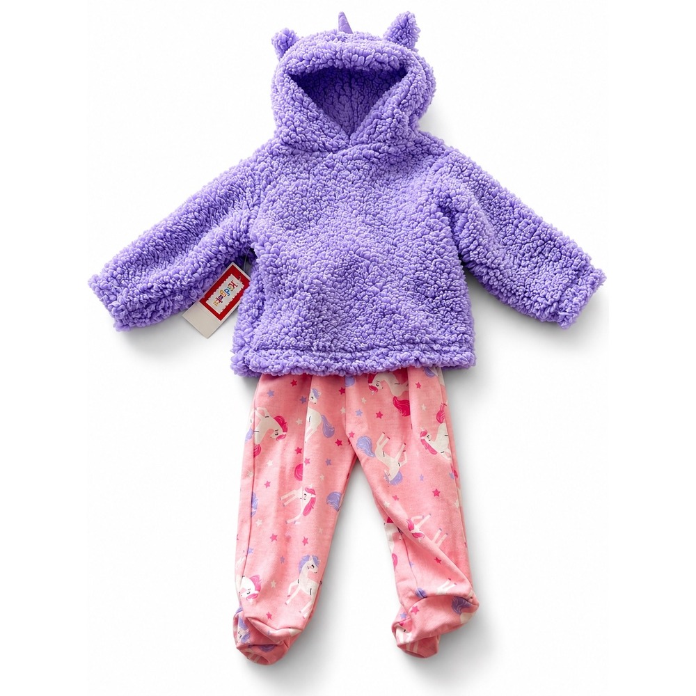 Kidgets Baby Girls Purple Sherpa Unicorn Hoodie and Pink Footed Pants Set NWT